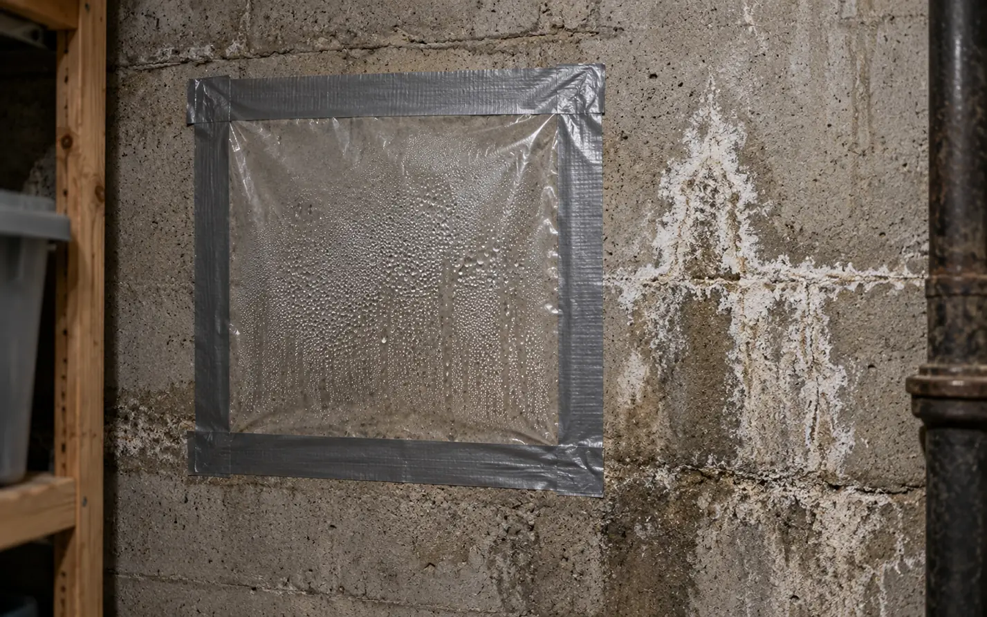 Clear plastic sheeting taped to a basement wall to test for condensation, beside white efflorescence on the masonry