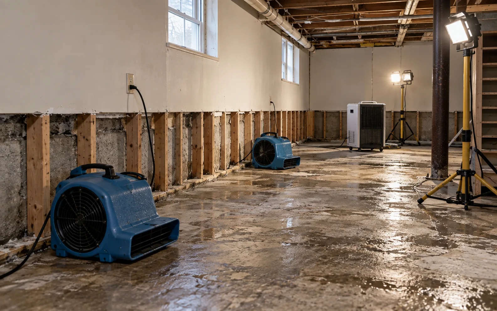 Air movers and a dehumidifier drying a basement with drywall cut back above the waterline