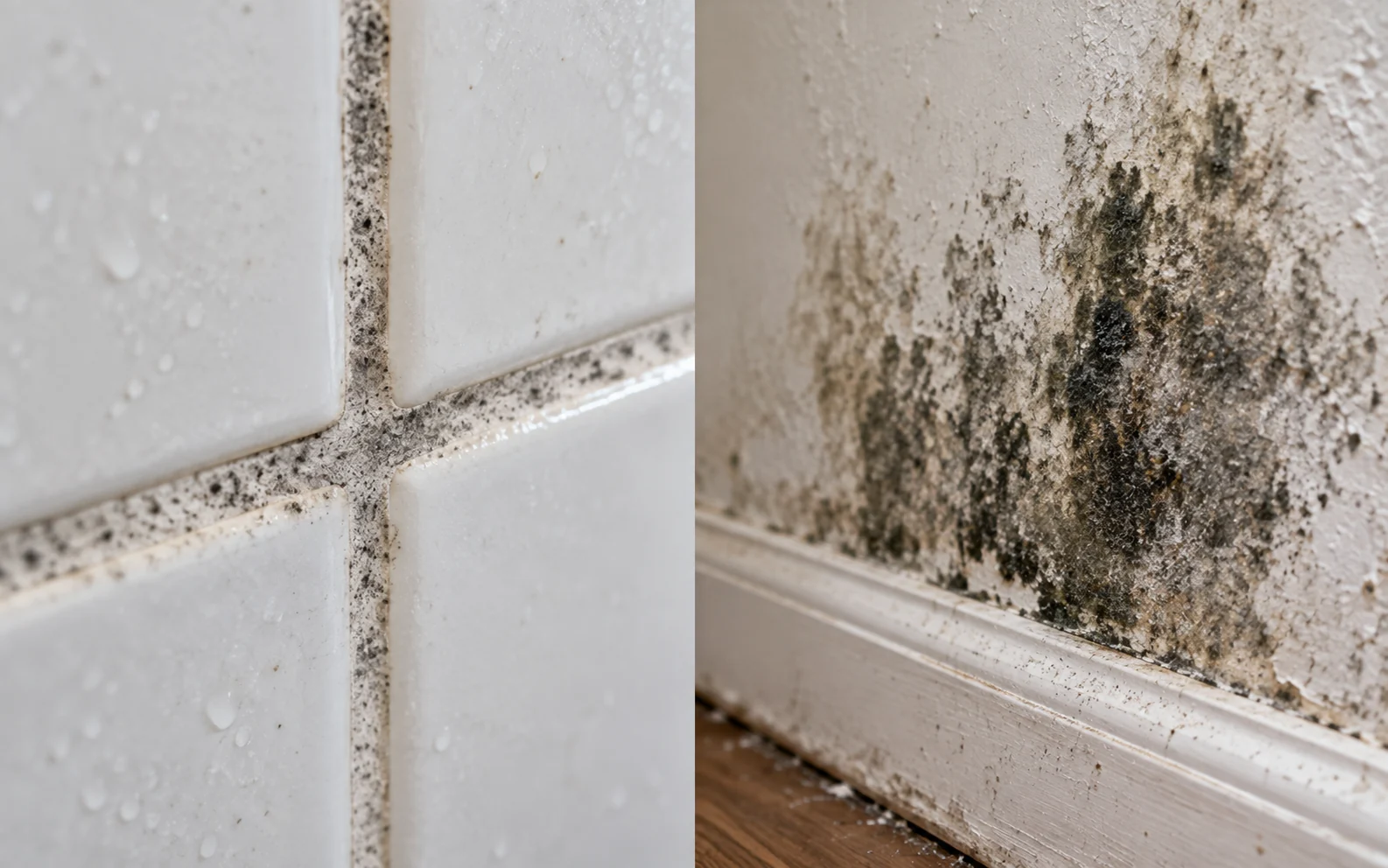 Side-by-side comparison of flat surface mildew on shower grout and raised fuzzy mold spreading into drywall