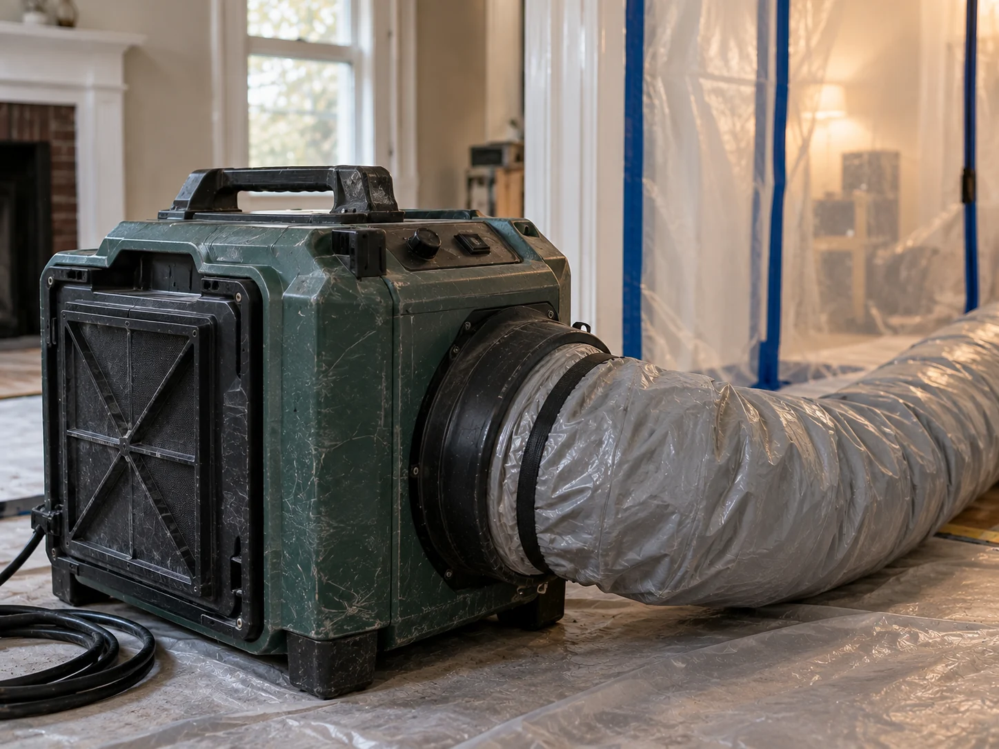 Close-up of professional HEPA air scrubber equipment used during mold remediation