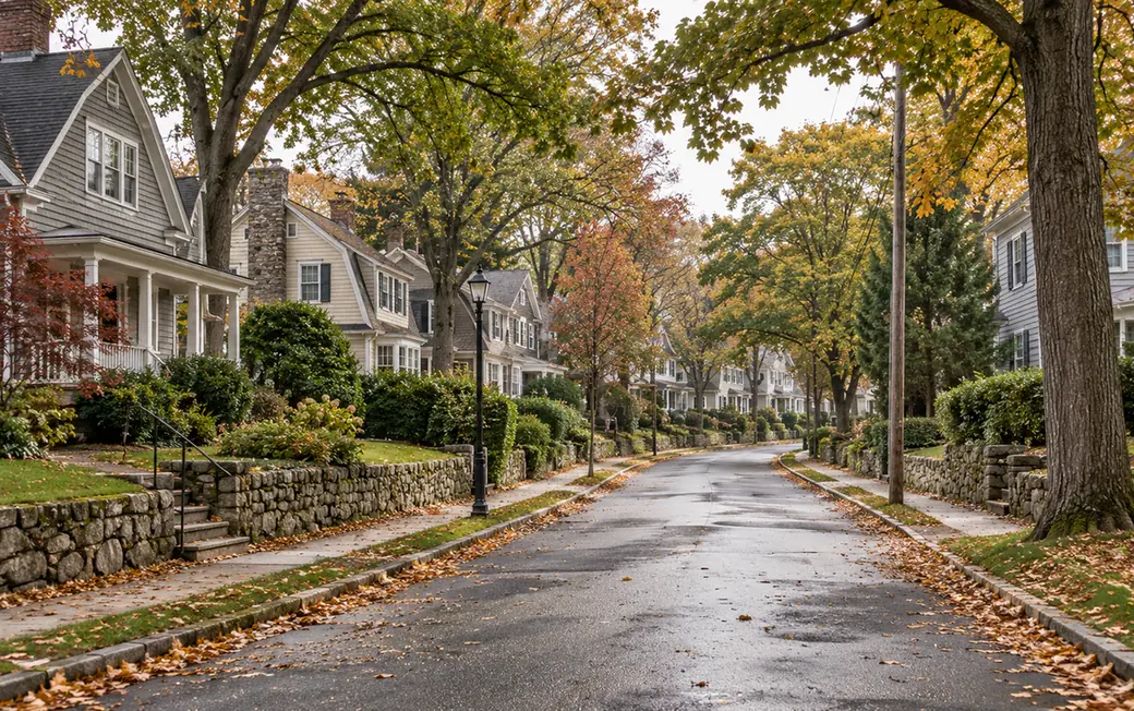 Residential street in West Roxbury, Massachusetts with New England-style homes