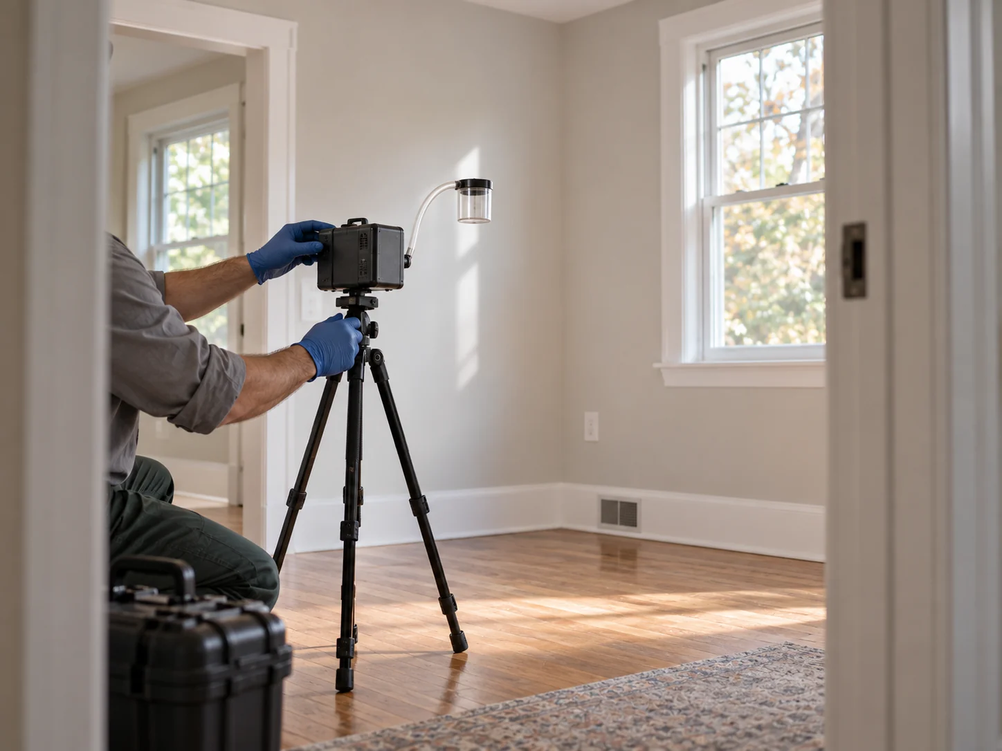 Technician performing a final clearance test after mold remediation is complete