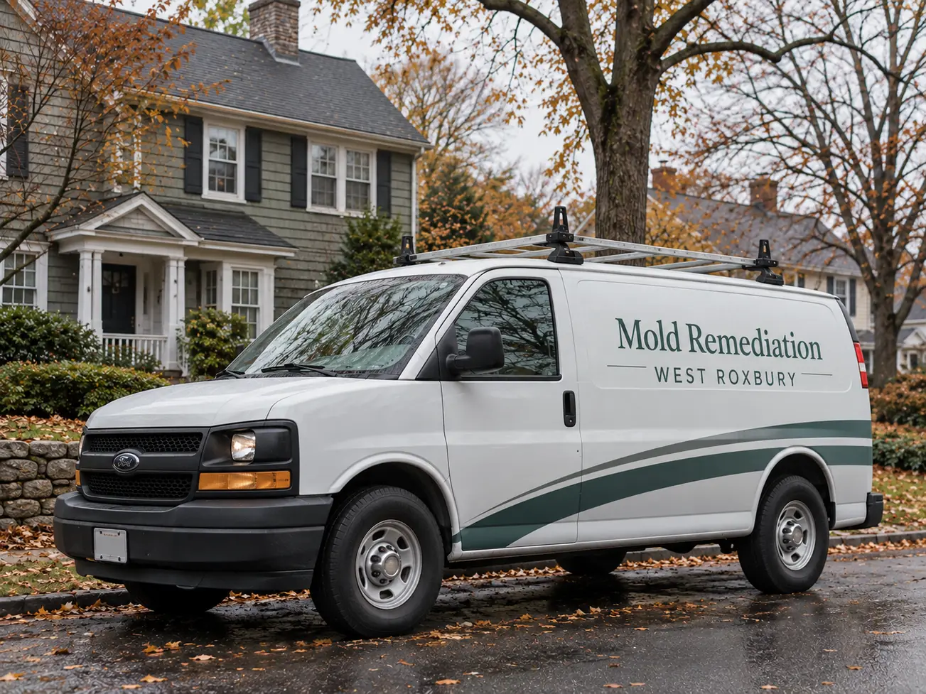 Service van parked outside a West Roxbury home, ready for a mold remediation appointment